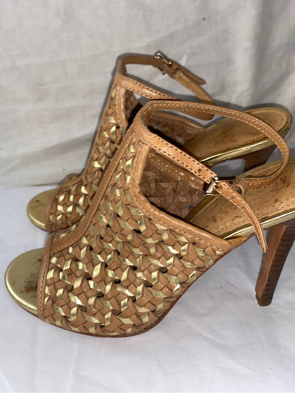 Coach Tan and Gold Woven Leather Peep-Toe Mules - Picture 3 of 8